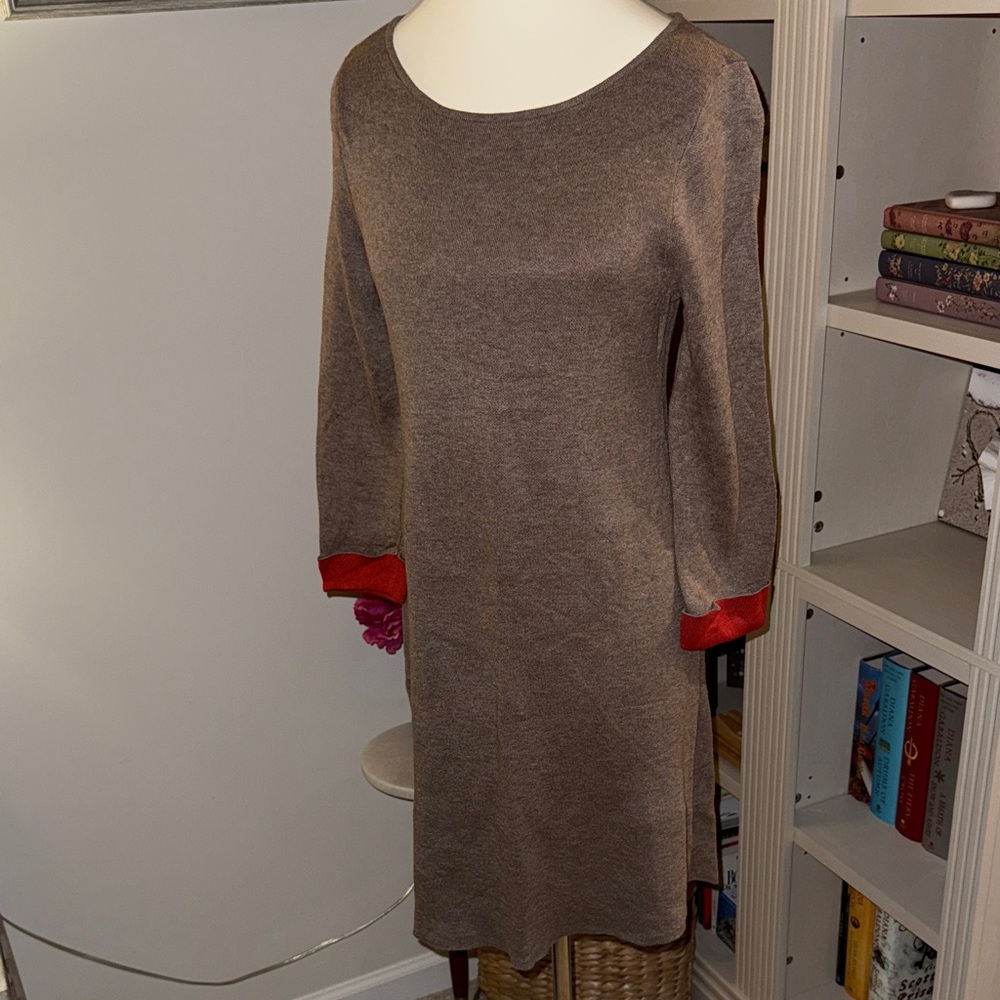 Tan Knit Dress with Red/Orange Accents